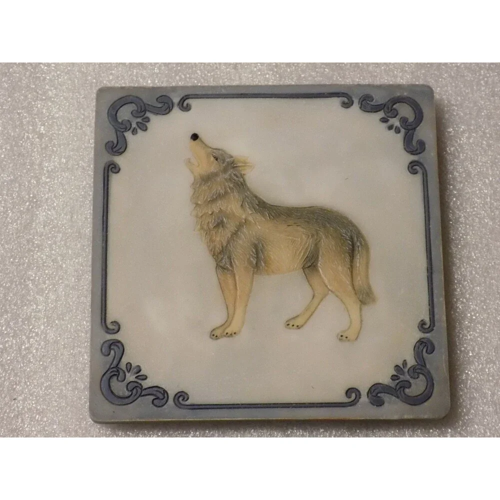 Lot Of 4 Wolf Marble Stoneware Coasters Set